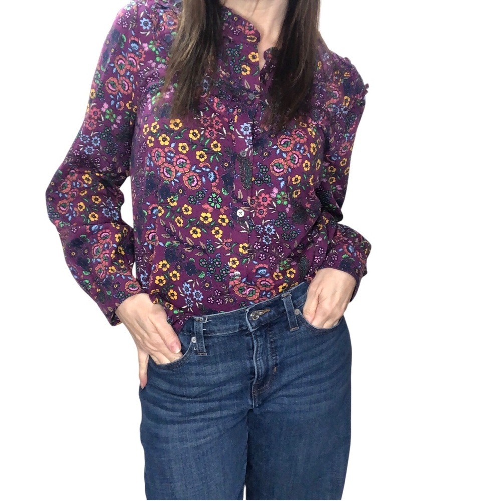 Talbots Sz L Colorful Feminine Blouse Top Button Down Floral Ruffled Office L/S - Picture 2 of 8